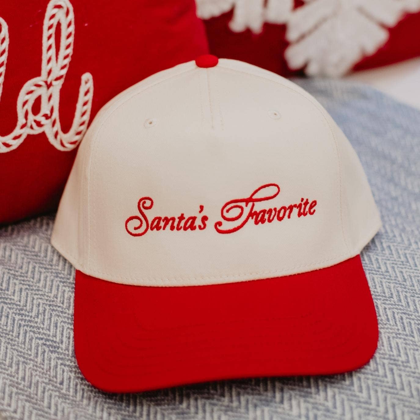 Red and Tan Santa's Favorite Vintage Christmas Trucker Hats for Women for wholesale on Faire1