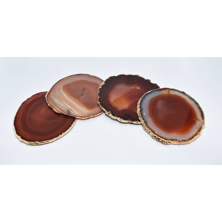 Olympus Minerals Co - Wholesale Coasters - Large Natural Agate Coaster Set of 4 - Luxury Gold Trim