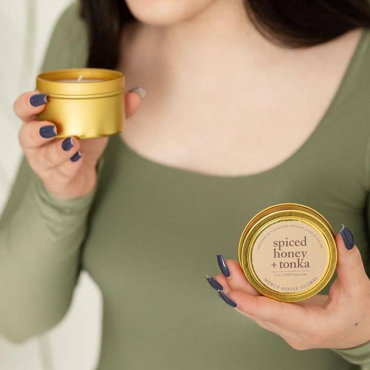 Mercy House Global - Wholesale Jar/Filled Candle - Spiced Honey & Tonka Candle | 3 oz Tin0