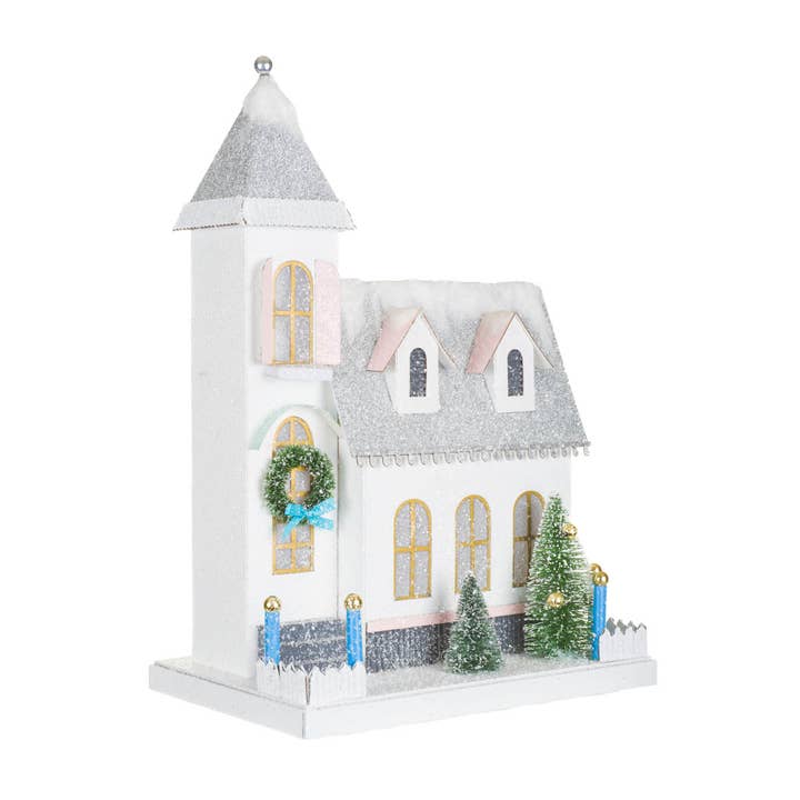 Starlight Collection - Wholesale Decorative Tabletop Object - NEW-White/Silver Illuminated House Display With Snowy Roof