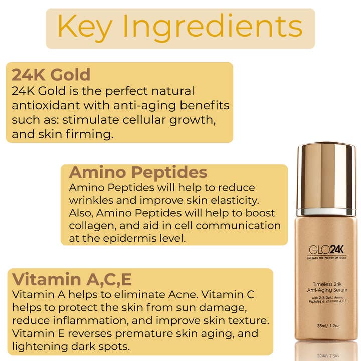 GLO24K - Wholesale Facial Serum/Concentrate - Timeless 24k Anti-Aging Serum with 24k Gold & Amino Peptides