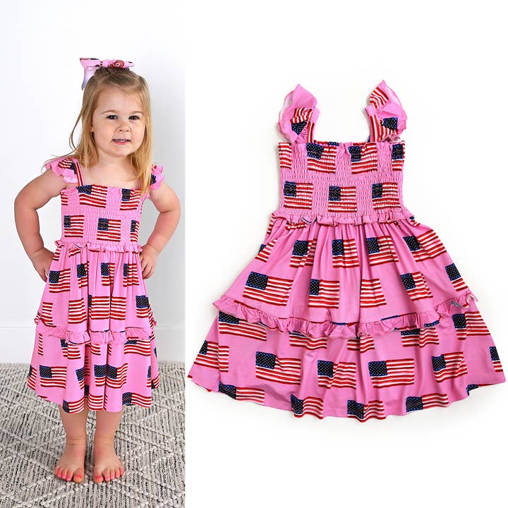 Betty Pink Flag Smocked Dress Bamboo 4th of July for wholesale by Gigi and Max