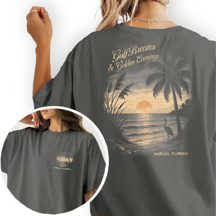 T-shirt Coucher de Soleil Doré – Chemise de Soirée Côtière Personnalisable pour la vente par Textile Graphix