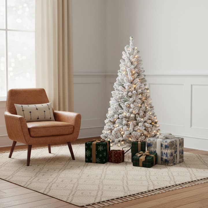 HomeRoots - Wholesale Artificial Christmas tree - 5' Pre Lit Full Flocked Spruce Christmas Tree1