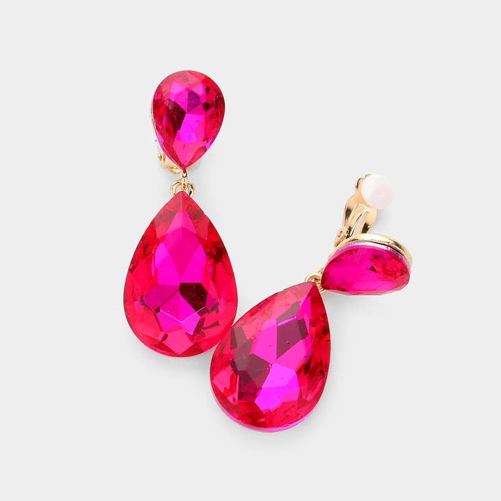 Sensibling Corp. - Wholesale Clip-On Earrings - Glass Crystal Double Teardrop Clip on Evening Earrings