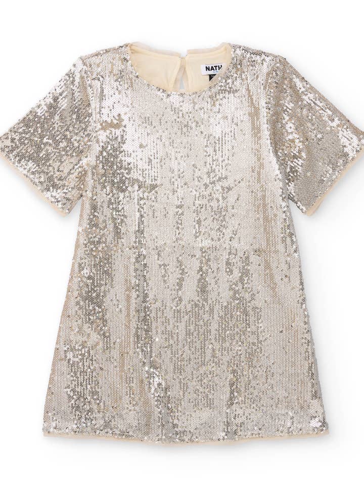 Robe de fille en argent avec des paillettes et manches courtes. pour la vente par tuc tuc