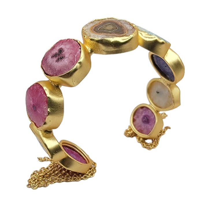 Pulseira de punho dourado em ágata multicolor áspera artesanal por atacado de ZEYZEY