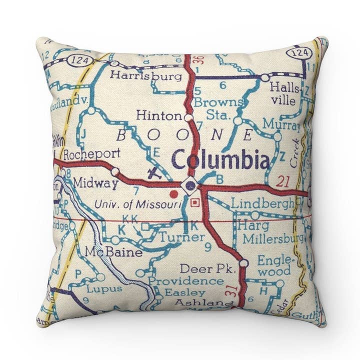 University of Missouri Columbia Missouri Map Pillow for wholesale by Daisy Mae Designs