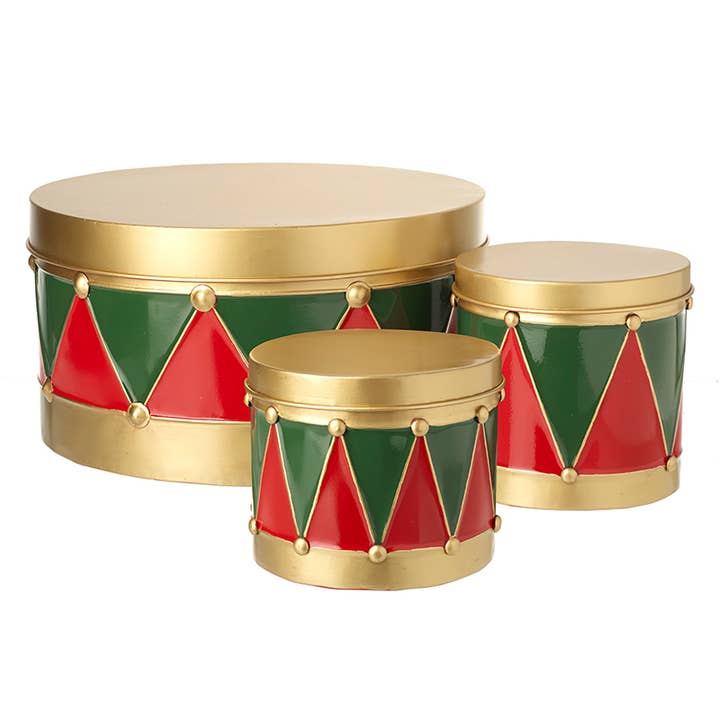 GOLD RED GREEN METAL DRUM TIN SET for wholesale by Heaven Sends