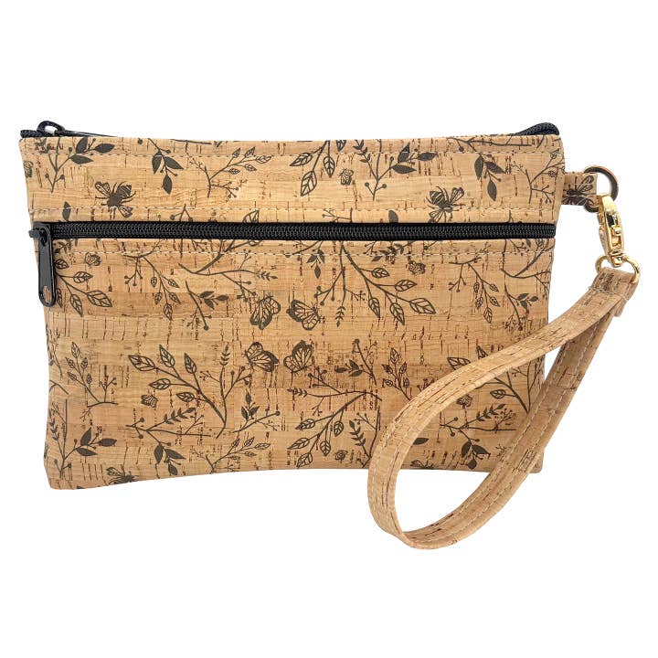 Cork Double Zipper Wristlet | Black Floral Print for wholesale by Natalie Therese