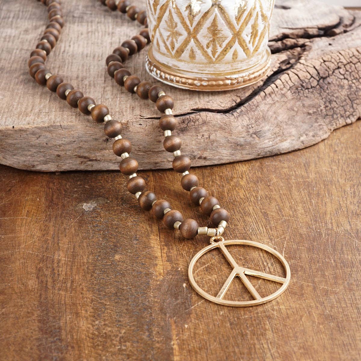 PennyLine inc - Wholesale Pendant/Charm Necklace - Long Wood Bead Necklace with golden peace sign pendant - Brown1