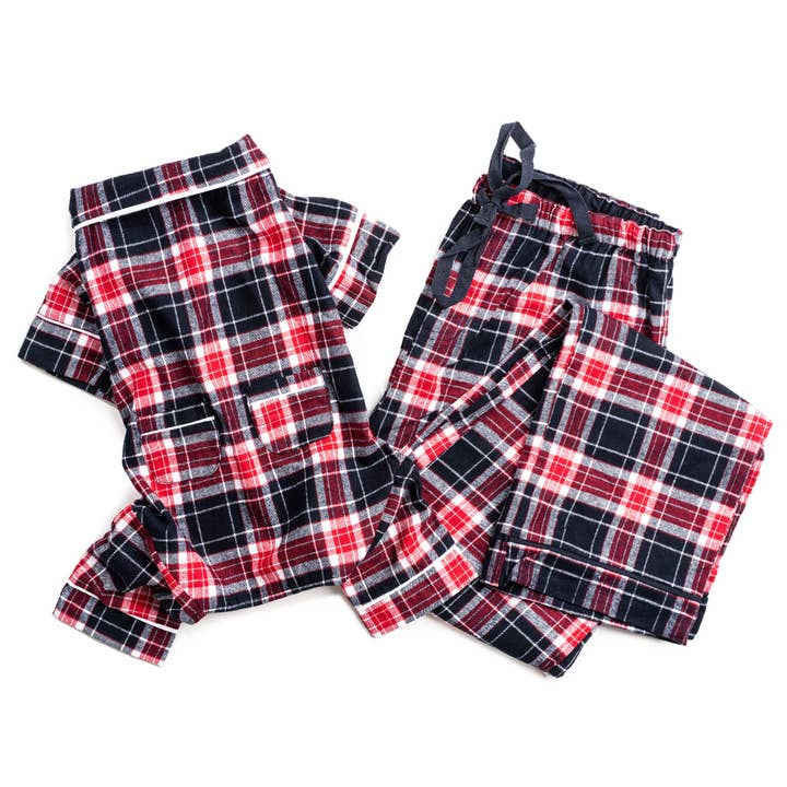 fabdog – Engroshandel Pyjamasæt - Dame – Blå Plaid Matchende Menneskelige Pyjamas1