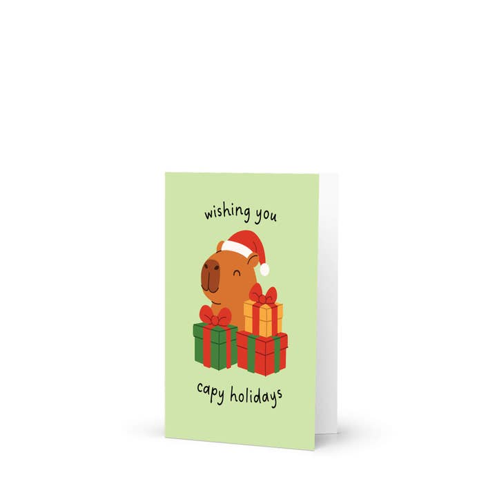 Cute Asian Cards - Wholesale Christmas Card - Capybara with Gifts | Cute Happy Holiday Pun Green Greeting Card6