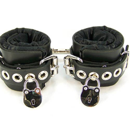 Locking Black Satin Lined Leather Wrist Bondage Cuffs for wholesale by Axovus