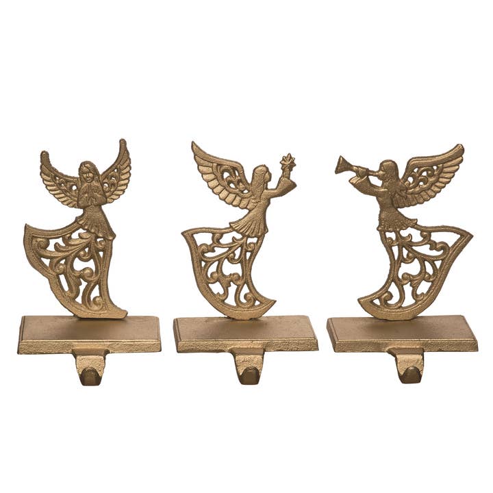 Transpac - Wholesale Holiday Stocking - CLOSEOUT Christmas Cast Iron Angel Stocking Holder Set 3