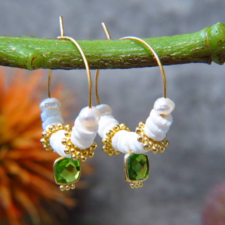 Gold plated peridot shell creole earrings for wholesale by TOURMALYN