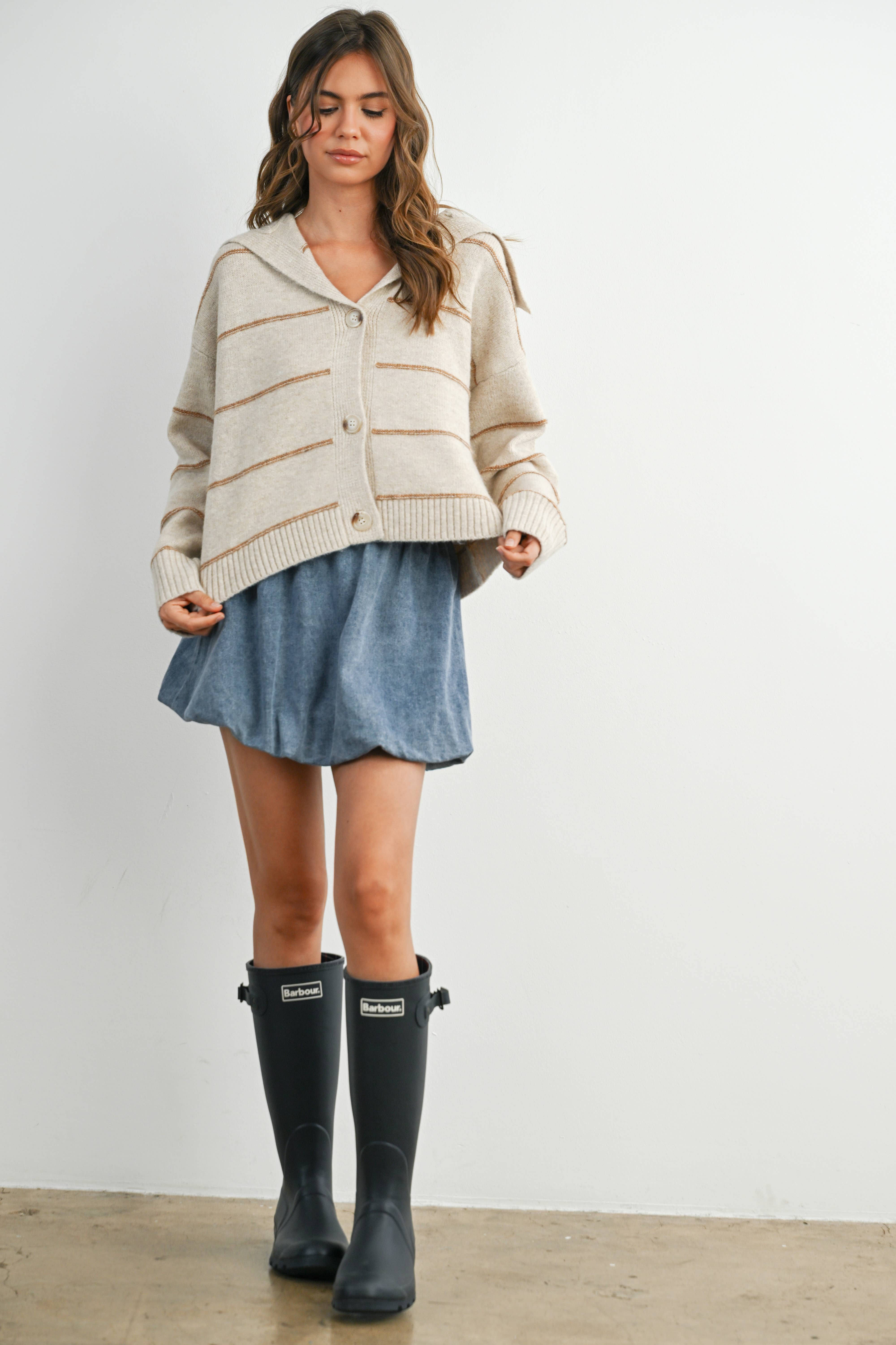 BUTTERMELON - Wholesale Knit Sweater - Women's - Button-Up Striped Collared Long Sleeve Top - BMC78839