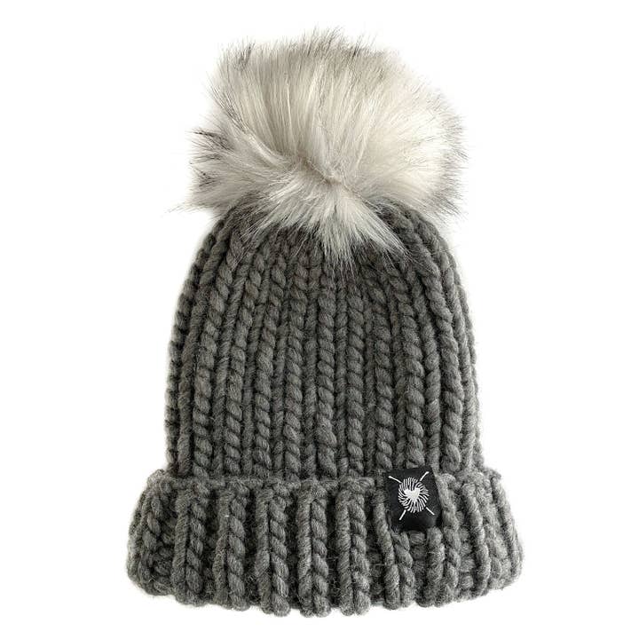 Merino Folded Brim Faux Fur Pom-Pom Beanie in Charcoal + Fox for wholesale by Nickichicki