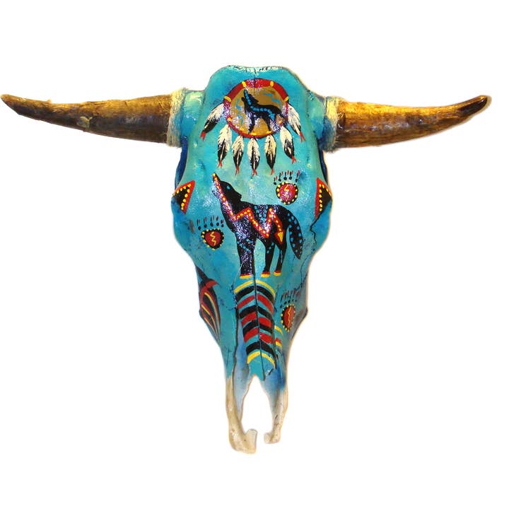 Sanyork Fair Trade – Pintura/desenho por atacado – Caveira de Steer Grande Pintada à Mão com Trompas Natural 22" x 22"