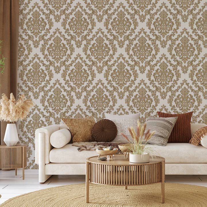 Bella carta da parati in oro bianco damascato lucido a tinta unita, 3D elegante, non tessuta, non incollata, grande rotolo da 114 piedi quadrati, lavabile per la vendita all'ingrosso da parte di Walloro Luxury Embossed Wallpaper