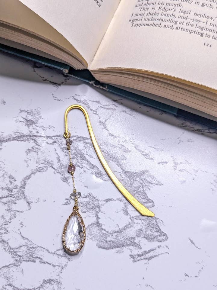 Glass Teardrop Pendant Bookmark with Gold Chain and Stones for wholesale by Bookish Trinkets