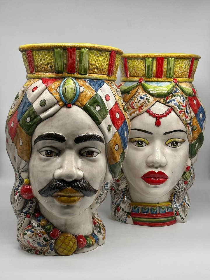 Moorish Heads Straight Crown Ceramic Caltagirone H.37 L.22 cm Handmade Cart Decoration for wholesale by DD Ceramiche Siciliane
