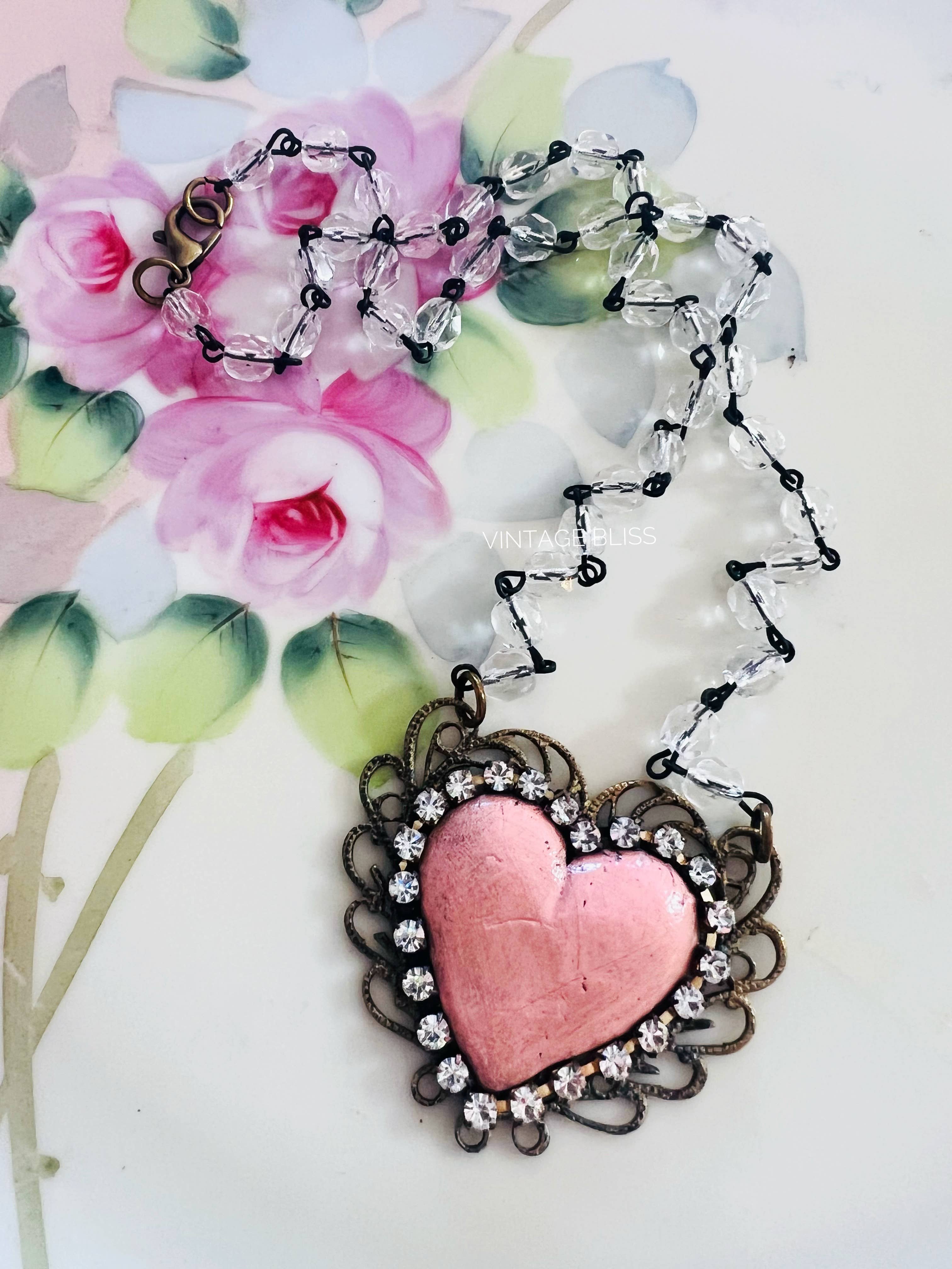 Vintage Bliss - Wholesale Pendant/Charm Necklace - Pink Distressed Clay Heart Filigree Necklace1