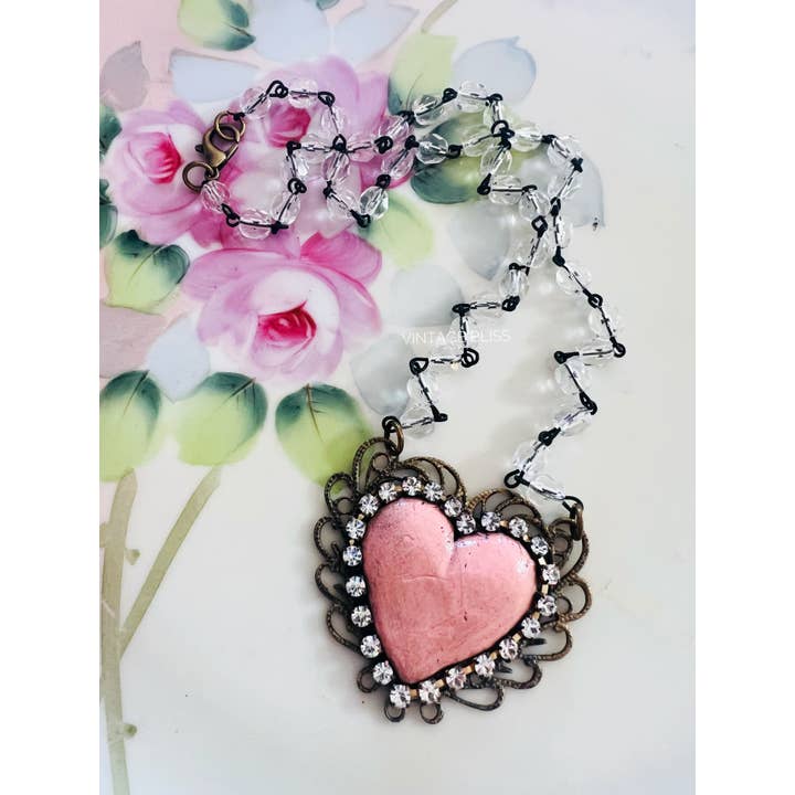 Vintage Bliss - Wholesale Pendant/Charm Necklace - Pink Distressed Clay Heart Filigree Necklace1