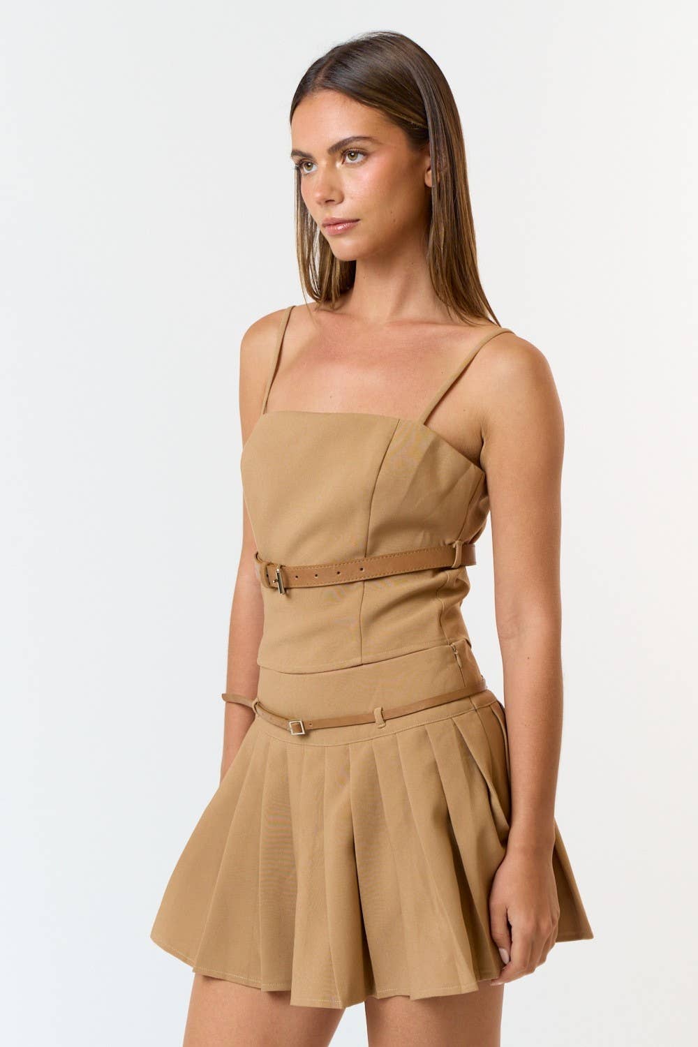 Blue Blush - Wholesale Top & Skirt Set - Women's - IBS31066 Belted Top and Pleated Mini Skirt Set1