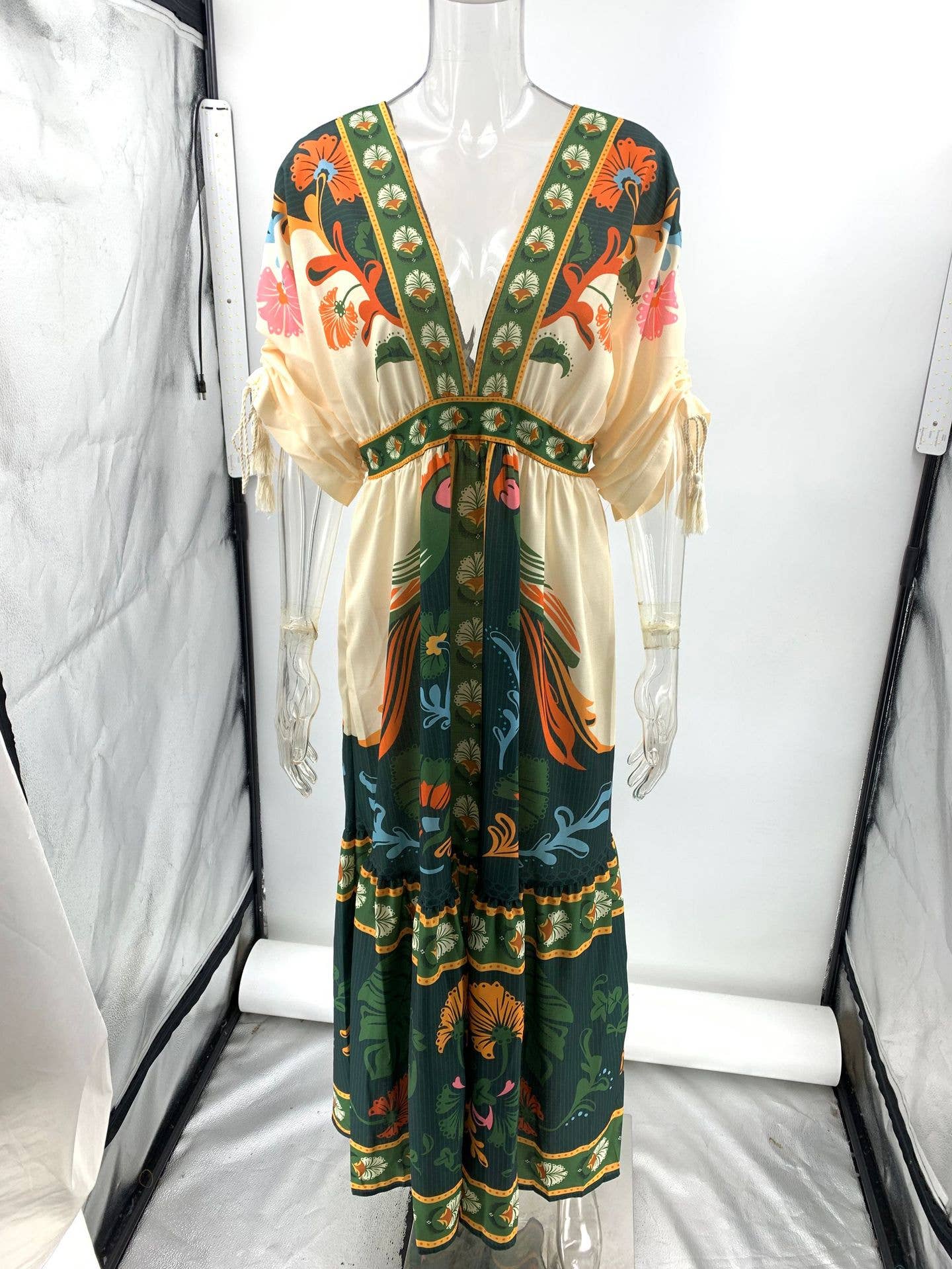 Green Vintage V-Neck Boho Floral Print Short Sleeves Dress JRM131 for wholesale on Faire3