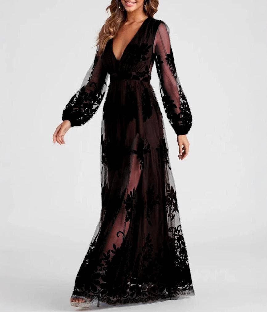 Rose red Flare lace maxi tulle prom dress for wholesale on Faire6