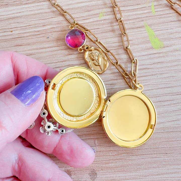 Jo Noelle - Wholesale Pendant/Charm Necklace - Floral Gold Locket and Gemstone handmade Necklace, OOAK