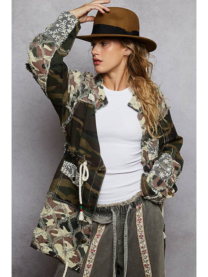 OLIVE CAMO Long sleeve contrast lace and patchwork detail parka jacket for wholesale on Faire