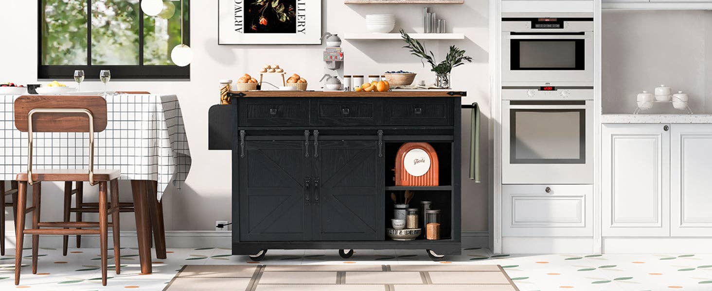 Orange County Decor - Wholesale Kitchen Storage/Organizer - K&K 53.7" Farmhouse Kitchen Island With Power Outlet, 2 Sliding Barn Door Kitchen Storage Island With Drop Leaf, Spice Rack Rolling Kitchen Cart On Wheels, For Home, Kitchen And Dining Room, Black11