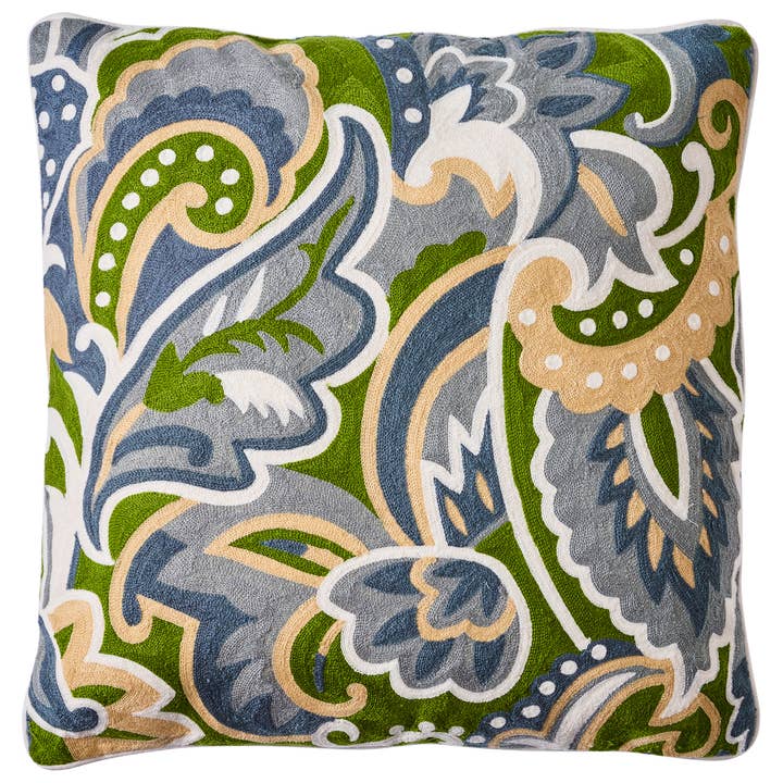 Coussin brodé feuillage bleu gris clair pour la vente par Novità Home