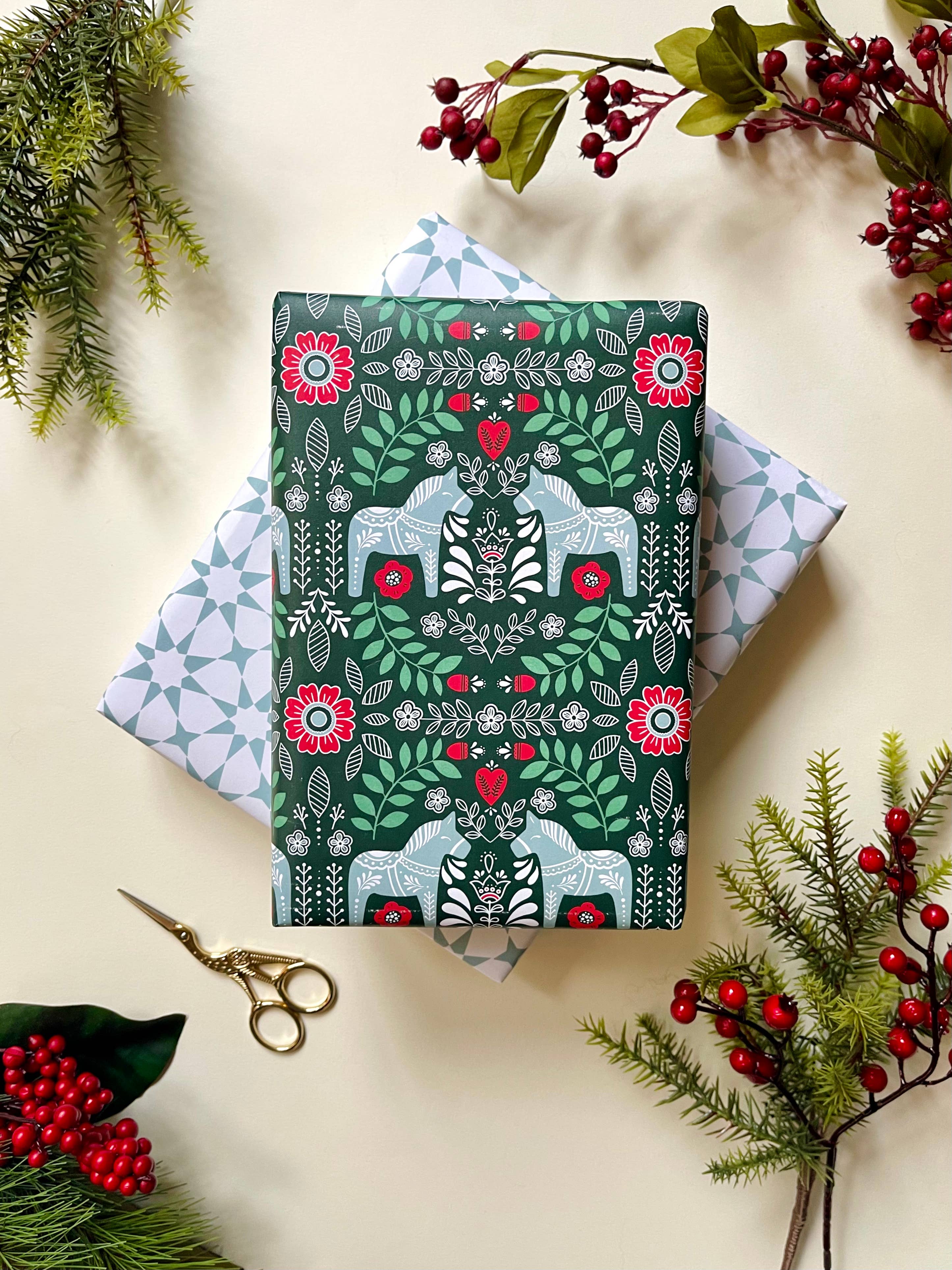 Flounce & Flourish - Wholesale Wrapping Paper Roll - Dala Horse Holiday Wrapping Paper 2