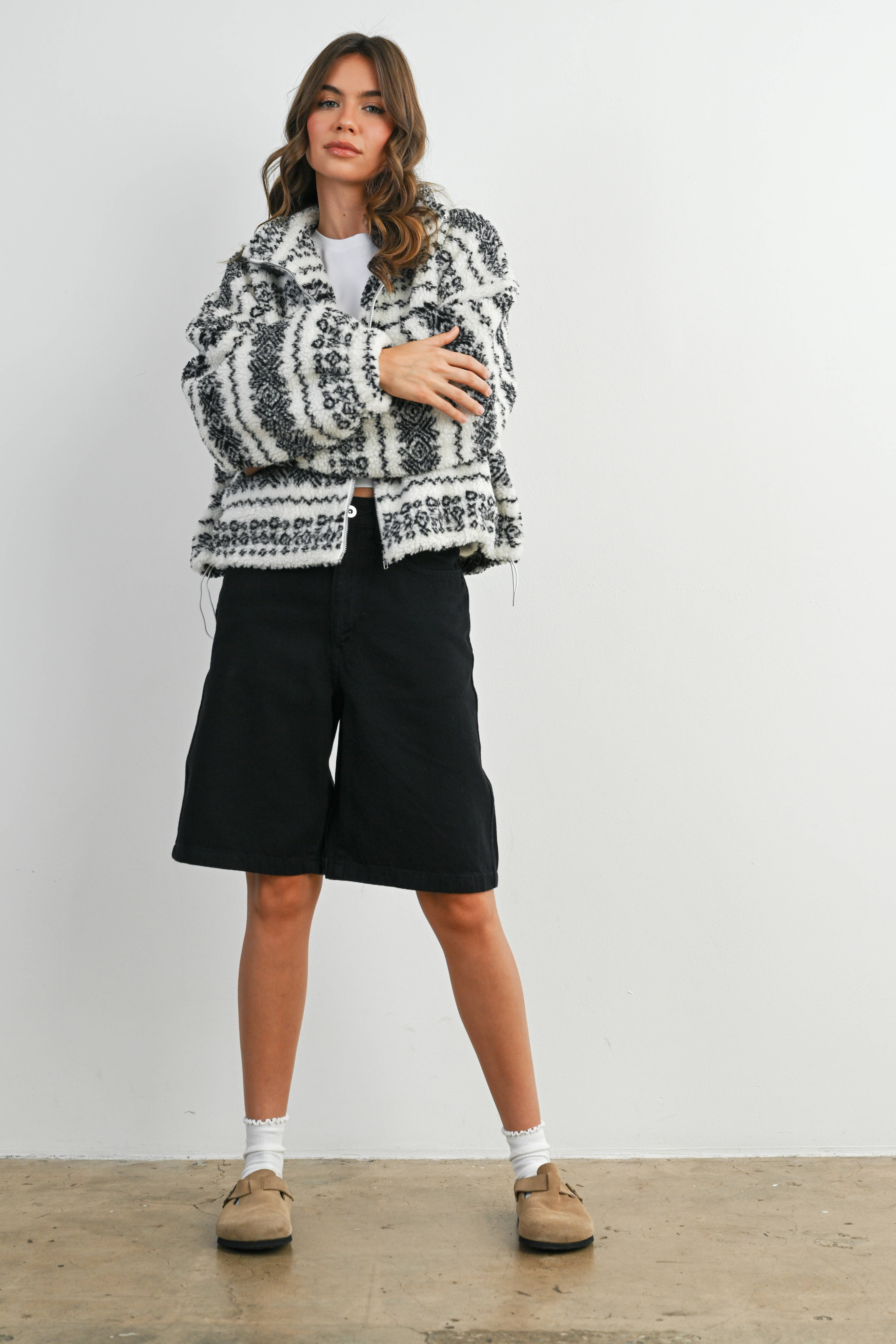 BUTTERMELON - Wholesale Jacket - Women's - Fuzzy Fleece Zip-Front Patterned Jacket - BMJ78071