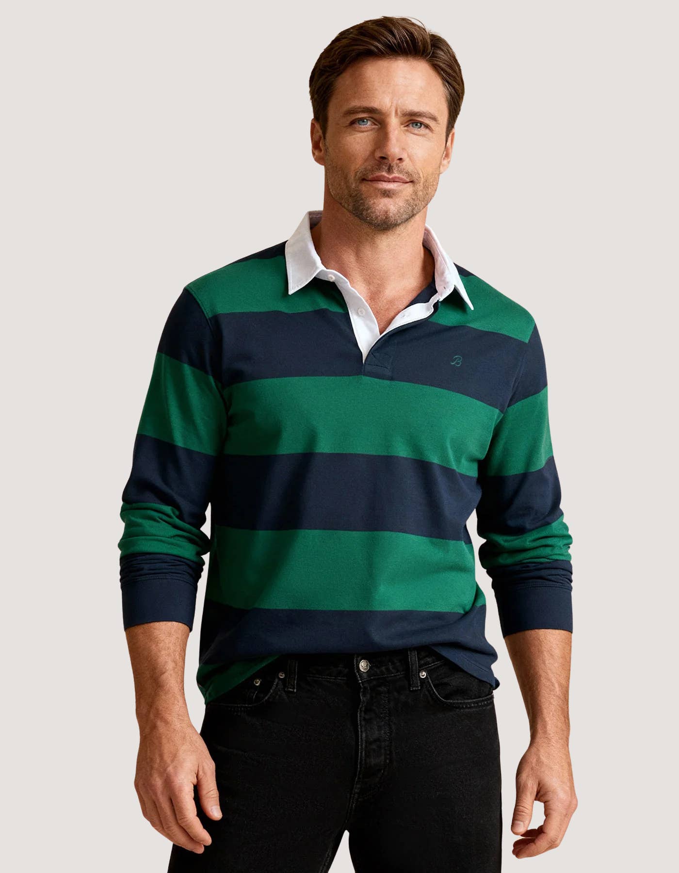 Brian Oak Limited – wholesale Polo – Men’s – Navy & Green Relaxed Fit Striped Rugby Shirt
