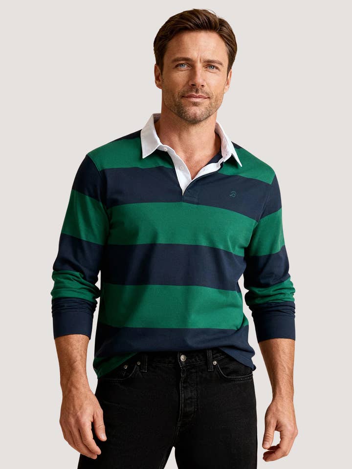 Brian Oak Limited – wholesale Polo – Men’s – Navy & Green Relaxed Fit Striped Rugby Shirt0