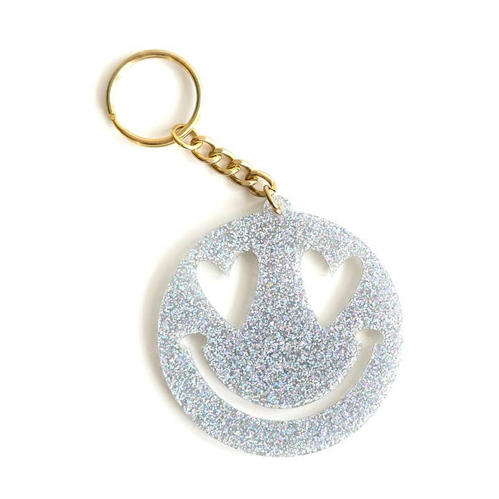 Holographic Glitter Heart Eyes Smile Keychain for wholesale by Viv&Lou