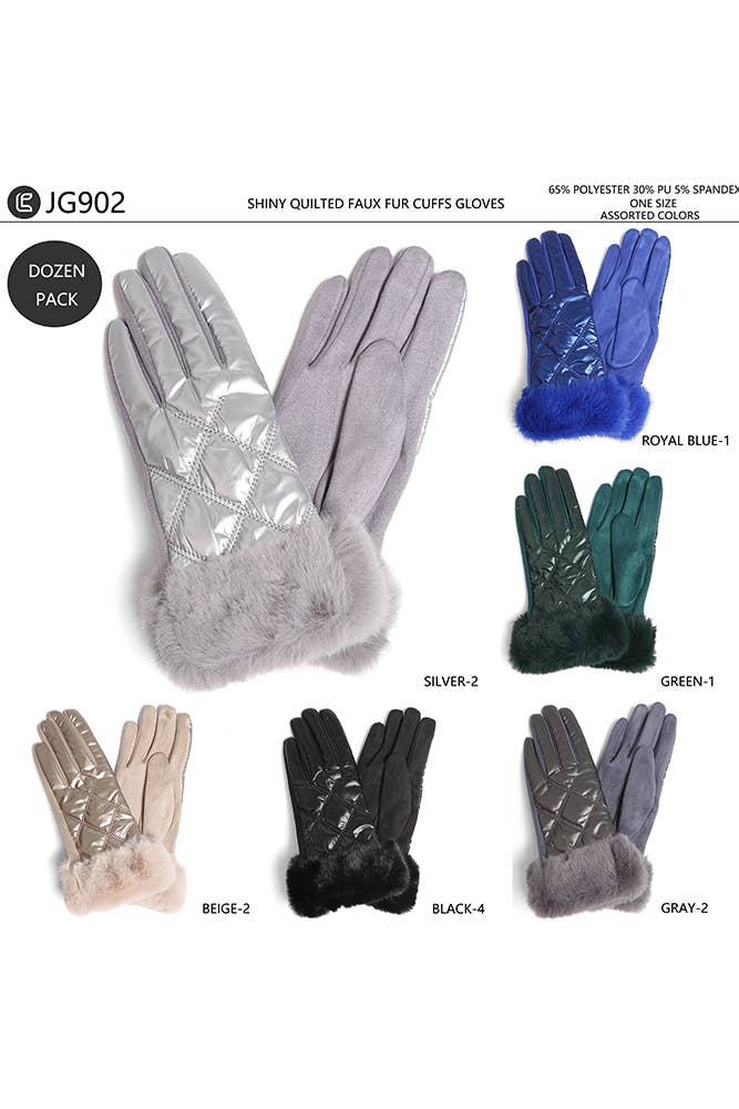 Hana – Engroshandel Handsker - Dame – Skinnende quiltede handsker med imiteret pels manchetter1