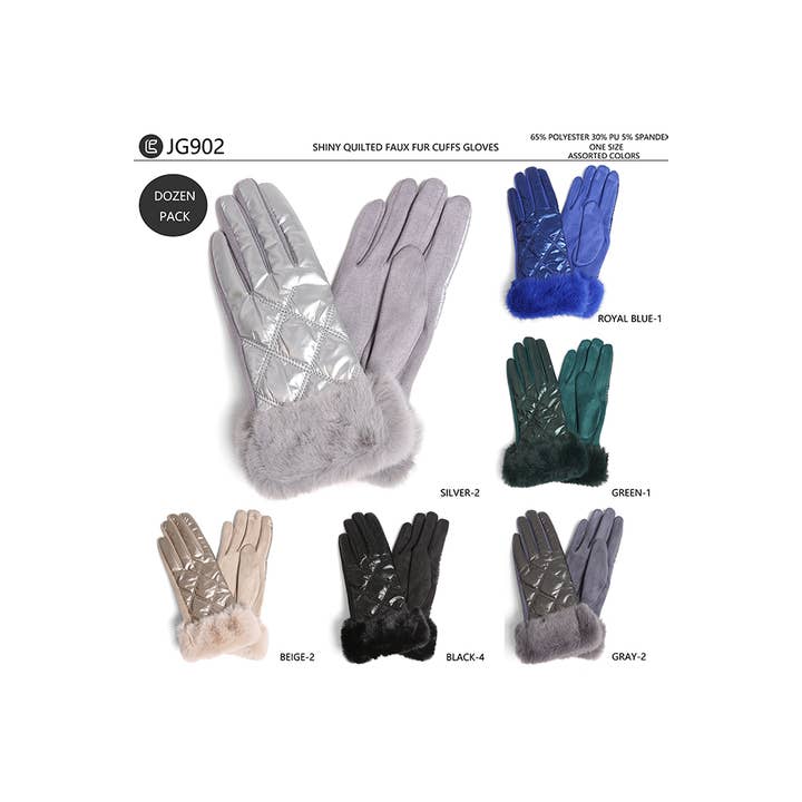 Hana – Engroshandel Handsker - Dame – Skinnende quiltede handsker med imiteret pels manchetter1