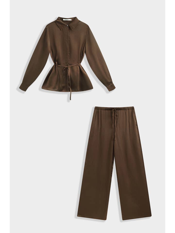 Chilli Girl Collection - Wholesale Top & Pant Set (NOT Loungewear) - Women's - Collared shirt and wide-leg trousers satin set 13