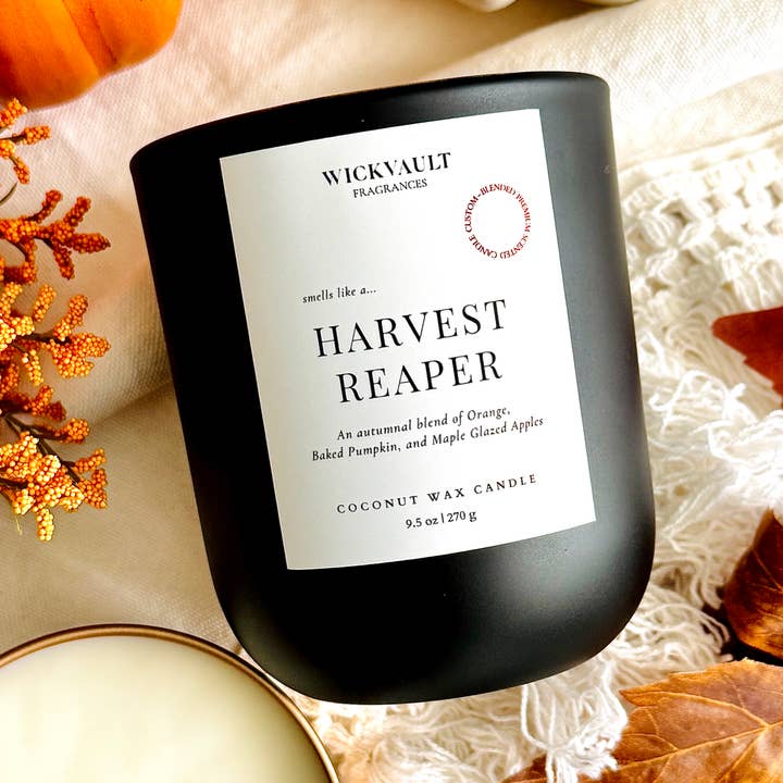 Harvest Reaper - 9.5 oz Matte Black Glass Coconut Soy Wax Candle w/ Wooden Wick for wholesale by Wick Vault Fragrances