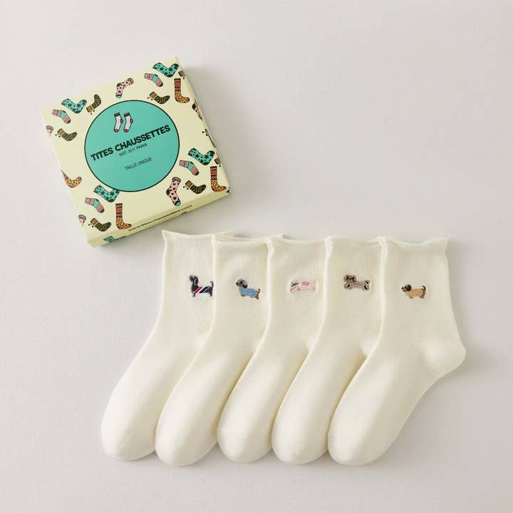 Confezione da 5 Calzini Bianchi Piccolo Cane & Gatto Donna I 35-41 per la vendita all'ingrosso da parte di Tites Chaussettes