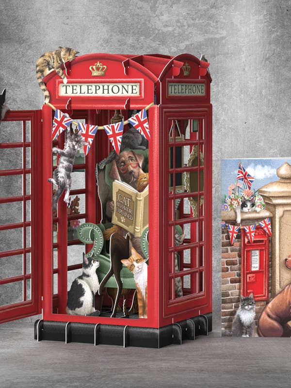 Carte de vœux cabine téléphonique londonienne 3D pop-up chien et os pour la vente par Notes & Queries, Inc.