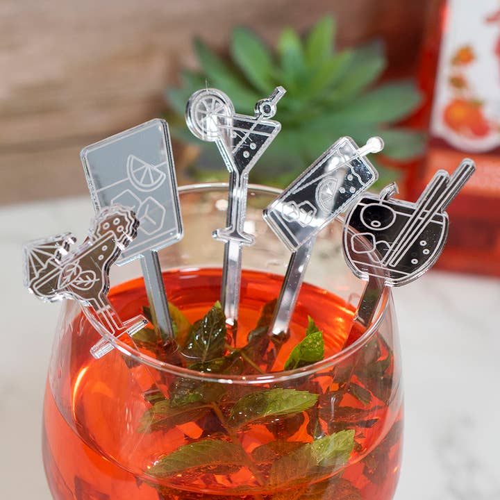 Set of 5 Cocktail Glass Themed Acrylic Mirror Drink Stirrers for wholesale by Love Lumi Ltd