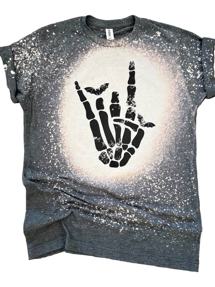 Rocker Skeleton Hand + Bats Halloween Bleached Tee for wholesale by Pick Your Poison Tees LLC (Formerly Wandering Owl Designs)