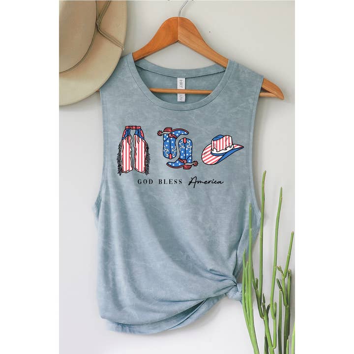 HRTandLUV - Wholesale Tank Top - Women's - GOD BLESS AMERICA MINERAL GRAPHIC TANK TOP