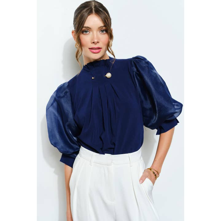 Pearl detail Sheer Puff Sleeve Pleated Blouse for wholesale by INA